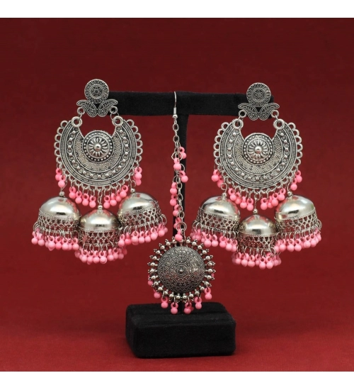 Generic Women's Baby Pink Color Oxidised Earrings Tikka Set 