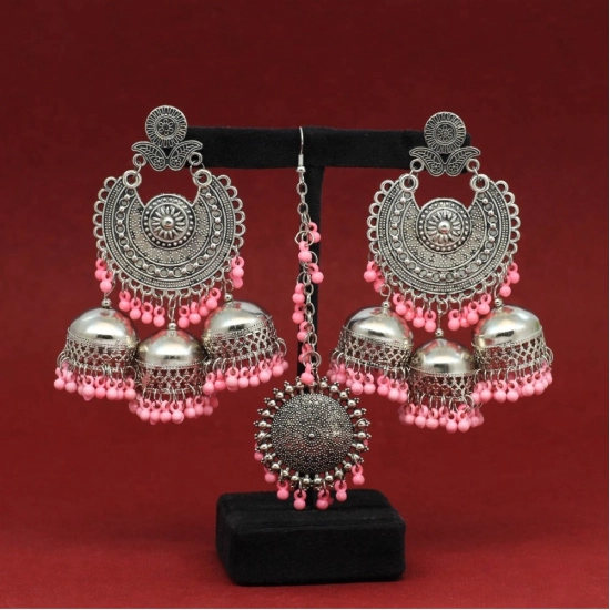 Generic Women's Baby Pink Color Oxidised Earrings Tikka Set Generic Women's Baby Pink Color Oxidised Earrings Tikka Set