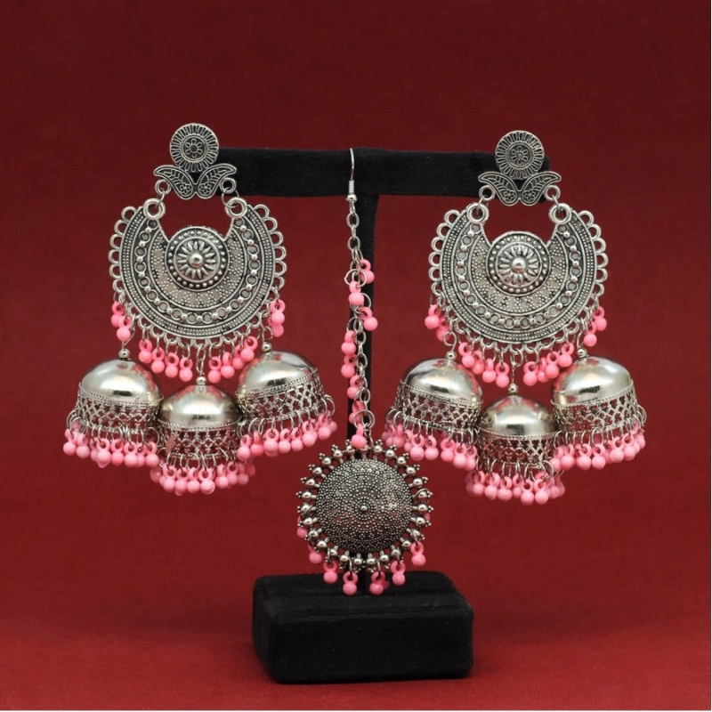 Generic Women's Baby Pink Color Oxidised Earrings Tikka Set 