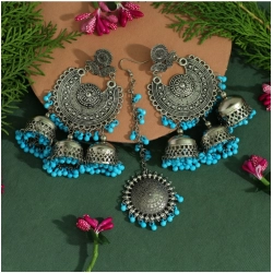 Generic Women's Firozi Color Oxidised Earrings Tikka Set 