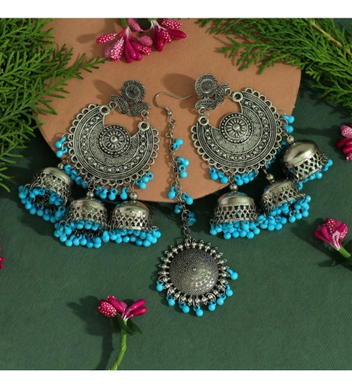 Generic Women's Firozi Color Oxidised Earrings Tikka Set 