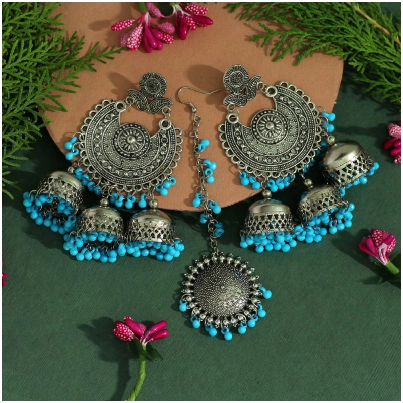 Generic Women's Firozi Color Oxidised Earrings Tikka Set 