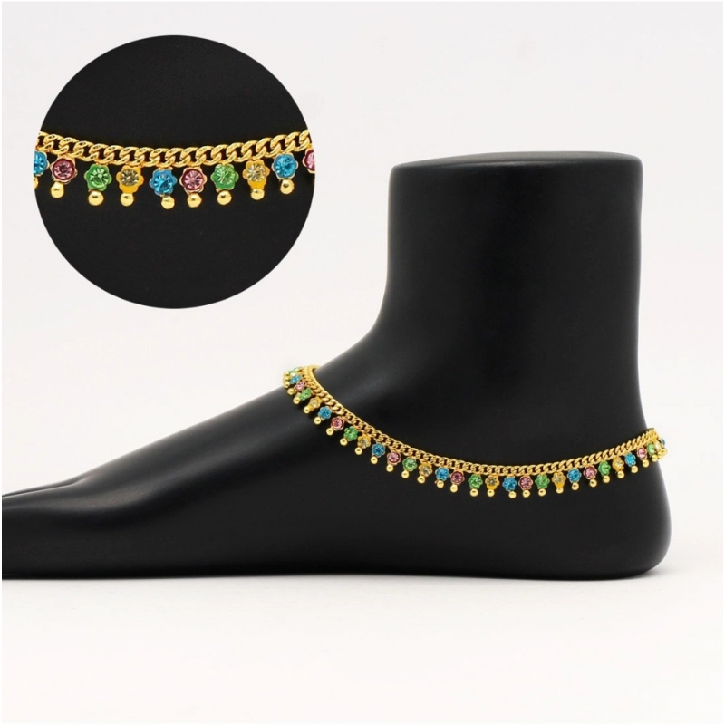 Generic Women's Multi Color Rhinestone Anklets (Free Size: Upto 10") 