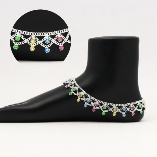 Generic Women's Multi Color Rhinestone Anklets (Free Size: Upto 10") 
