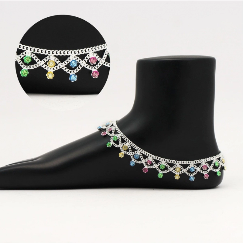 Generic Women's Multi Color Rhinestone Anklets (Free Size: Upto 10") 