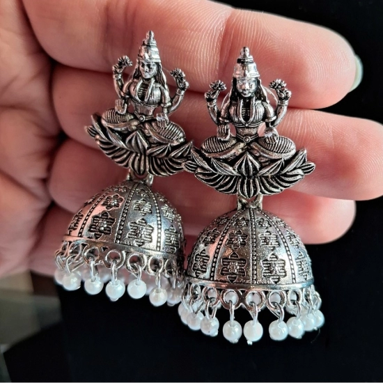Generic Women's Silver Color Goddess Laxmi Temple Oxidised Earrings Generic Women's Silver Color Goddess Laxmi Temple Oxidised Earrings