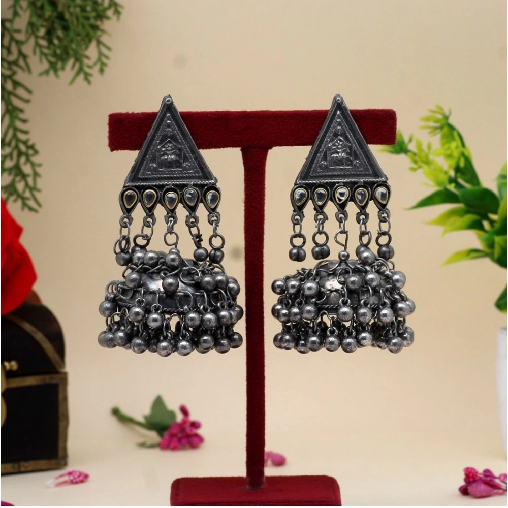 Generic Women's Silver Color Oxidised Big Jhumka Earrings 