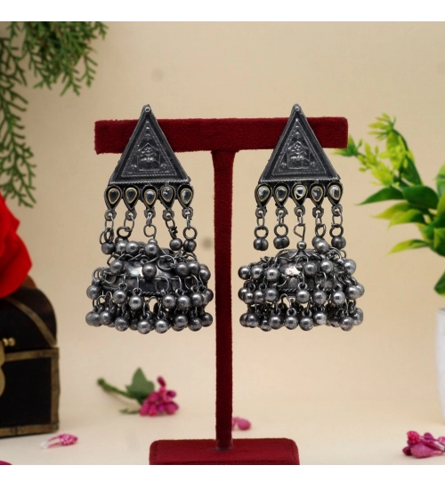 Generic Women's Silver Color Oxidised Big Jhumka Earrings 