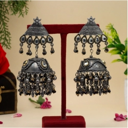 Generic Women's Black Color Oxidised Big Jhumka Earrings 