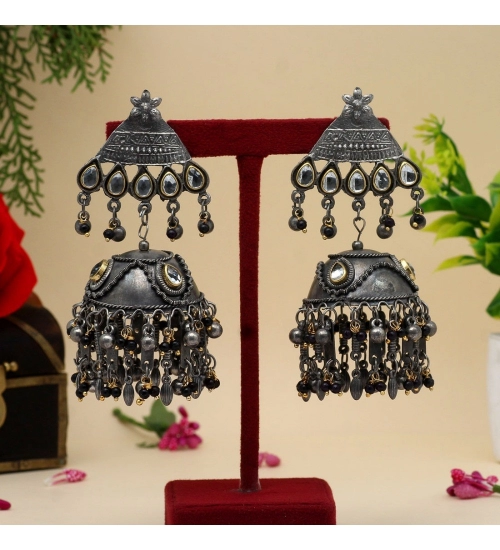 Generic Women's Black Color Oxidised Big Jhumka Earrings 
