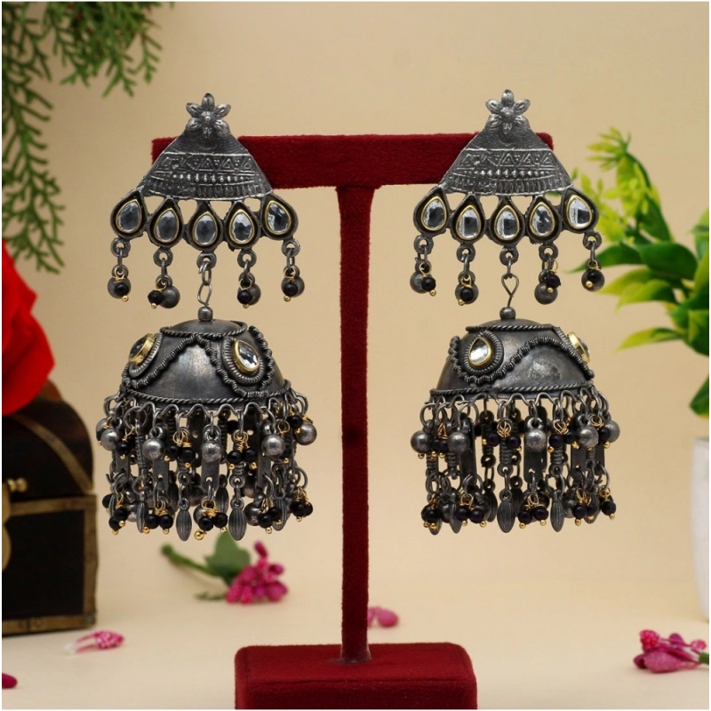 Generic Women's Black Color Oxidised Big Jhumka Earrings 