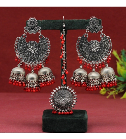 Generic Women's Red Color Oxidised Earrings Tikka Set 