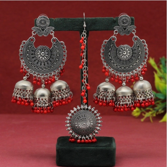 Generic Women's Red Color Oxidised Earrings Tikka Set 