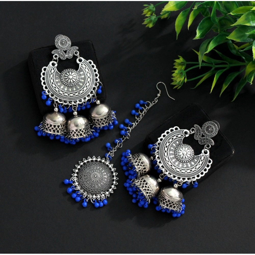 Generic Women's Blue Color Oxidised Earrings Tikka Set 