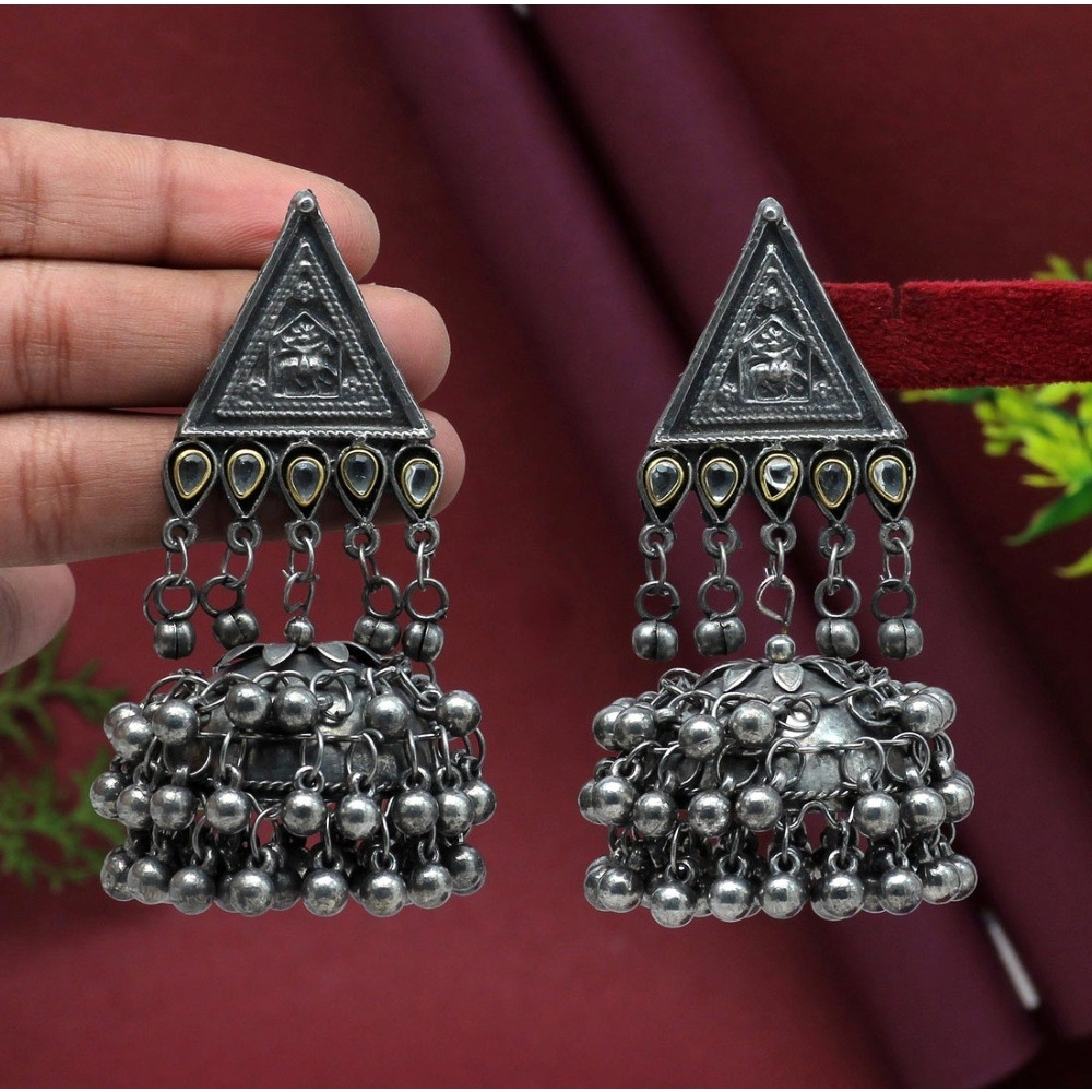 Generic Women's Silver Color Oxidised Big Jhumka Earrings 