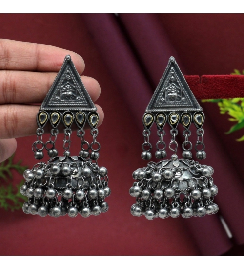Generic Women's Silver Color Oxidised Big Jhumka Earrings 