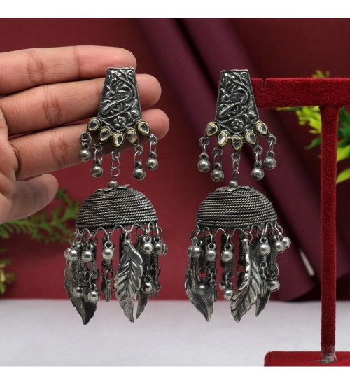 Generic Women's Silver Color Oxidised Big Jhumka Earrings 