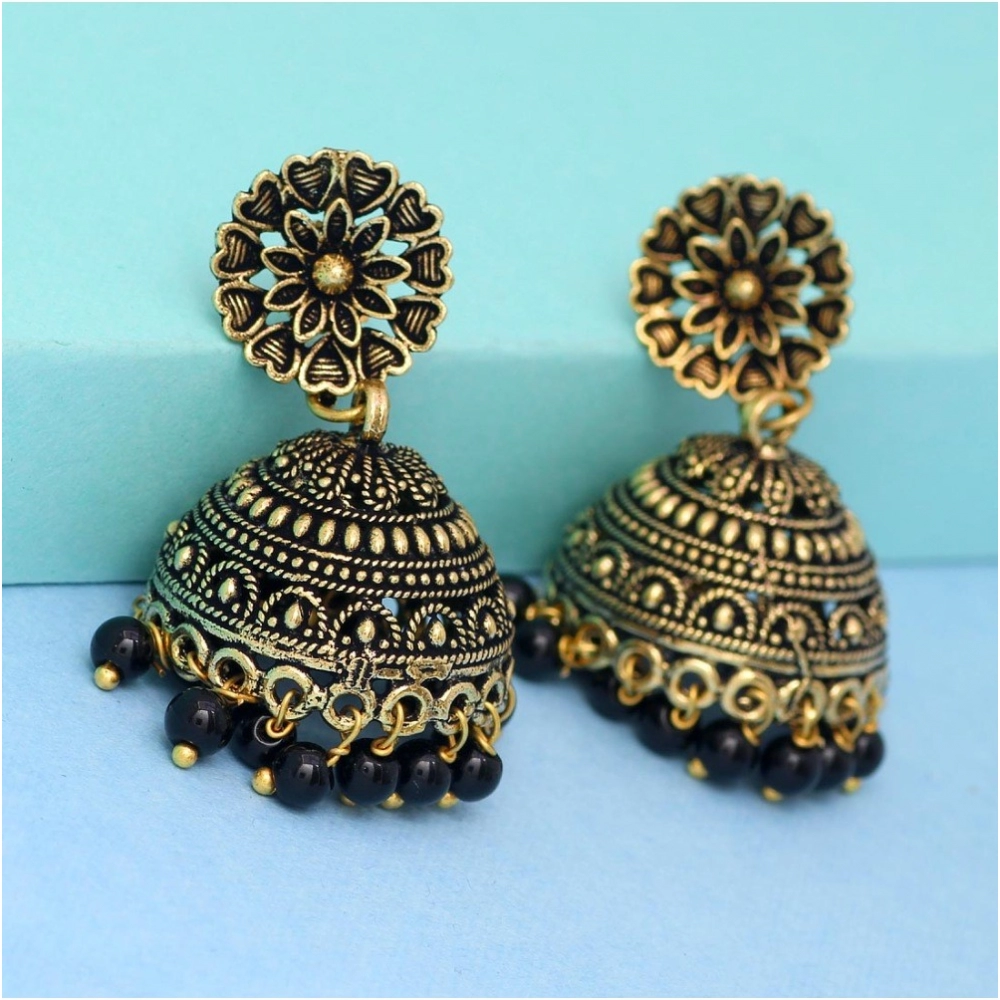 Generic Women's Rajasthani Traditional Wedding Collection Floral Design Gold Oxidised Black Color Jhumki Earrings 