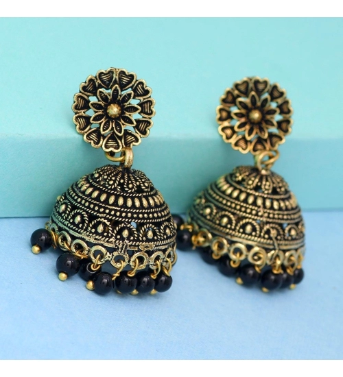 Generic Women's Rajasthani Traditional Wedding Collection Floral Design Gold Oxidised Black Color Jhumki Earrings 