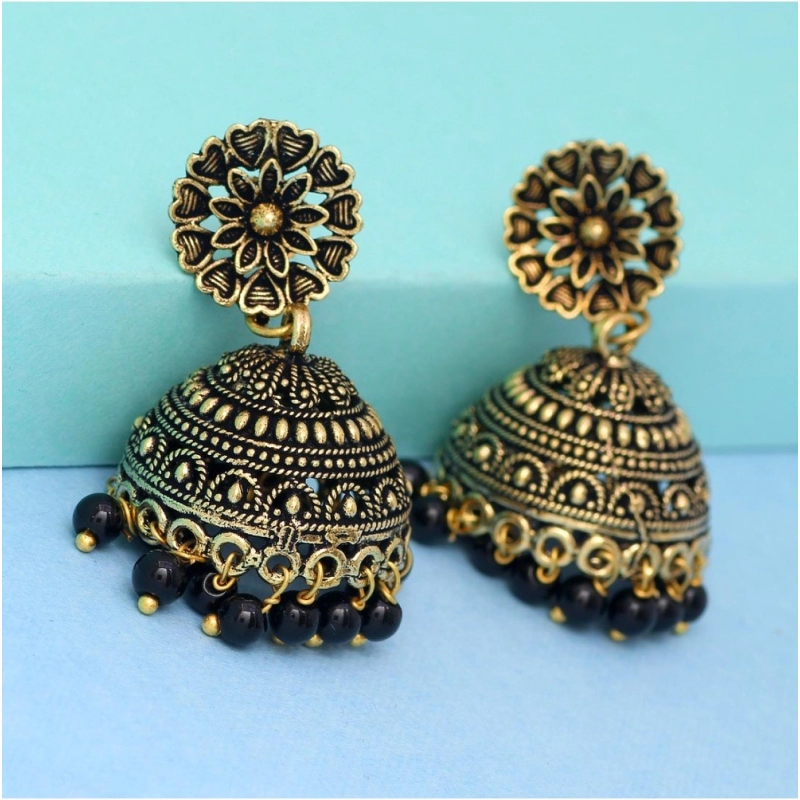Generic Women's Rajasthani Traditional Wedding Collection Floral Design Gold Oxidised Black Color Jhumki Earrings 