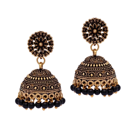 Generic Women's Rajasthani Traditional Wedding Collection Floral Design Gold Oxidised Black Color Jhumki Earrings 