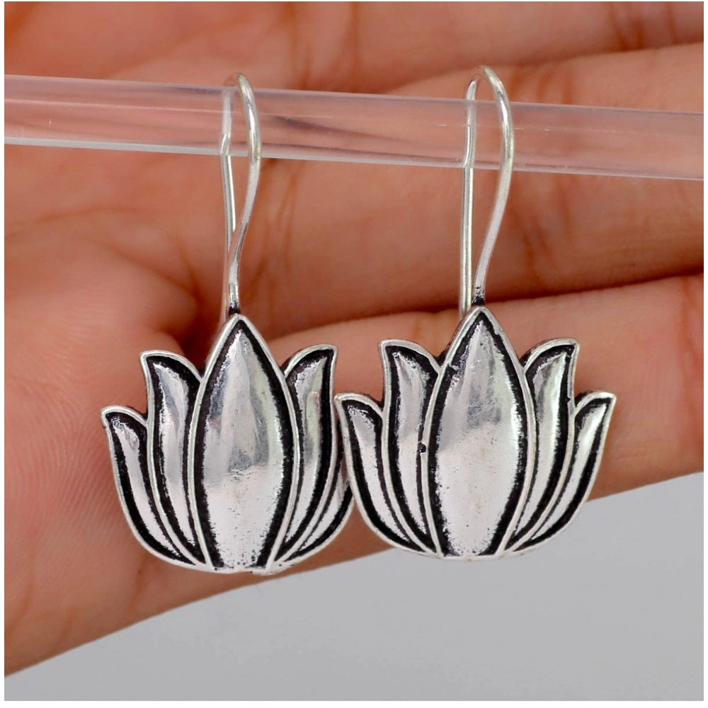 Generic Women's Lotus Oxidised Silver Plated Stud Dangler Earrings 