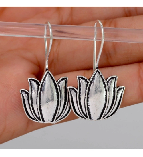 Generic Women's Lotus Oxidised Silver Plated Stud Dangler Earrings 