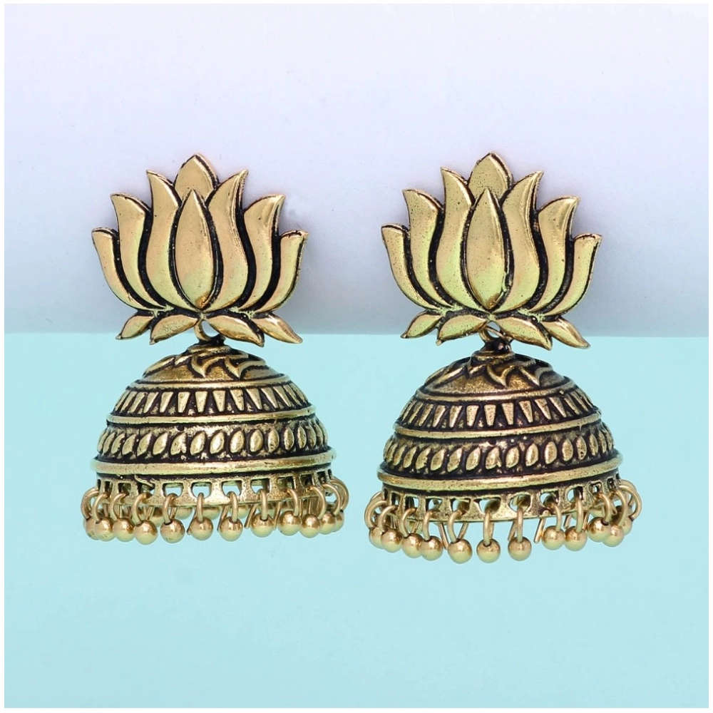Generic Women's Handmade Gold Plated Lotus Shape Oxidised Jhumki 