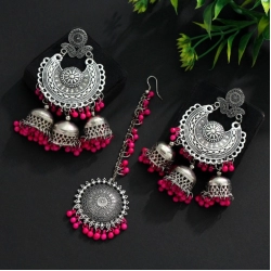 Generic Women's Rani Color Oxidised Earrings Tikka Set 