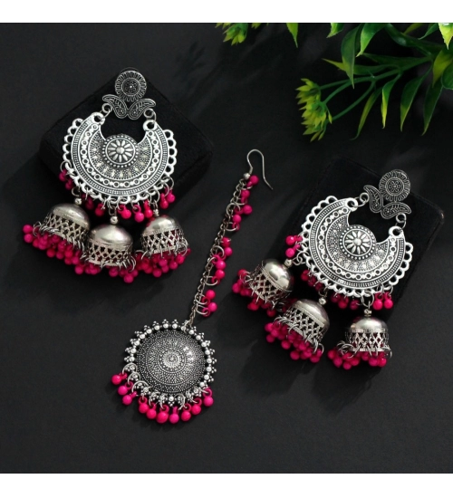 Generic Women's Rani Color Oxidised Earrings Tikka Set 