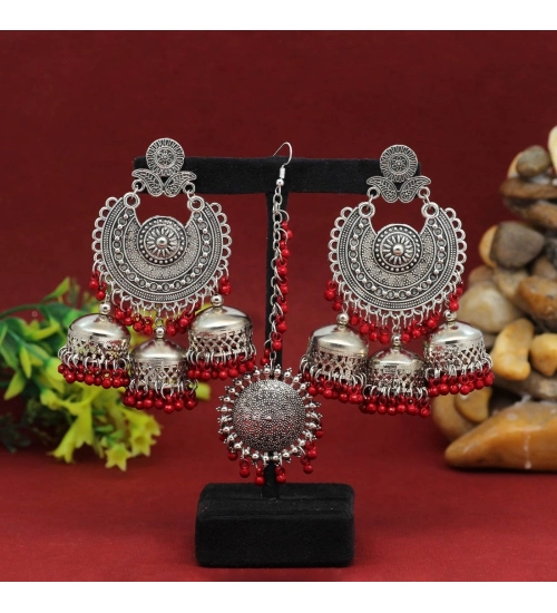 Generic Women's Maroon Color Oxidised Earrings Tikka Set 