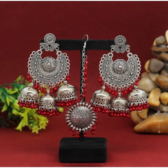 Generic Women's Maroon Color Oxidised Earrings Tikka Set 