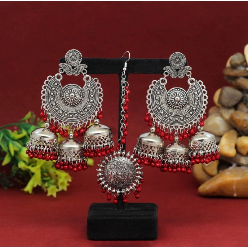 Generic Women's Maroon Color Oxidised Earrings Tikka Set 