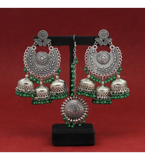 Generic Women's Green Color Oxidised Earrings Tikka Set 