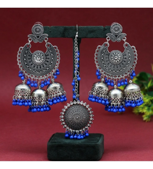 Generic Women's Blue Color Oxidised Earrings Tikka Set 