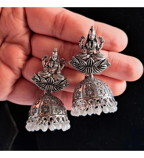 Generic Women's Silver Color Goddess Laxmi Temple Oxidised Earrings 