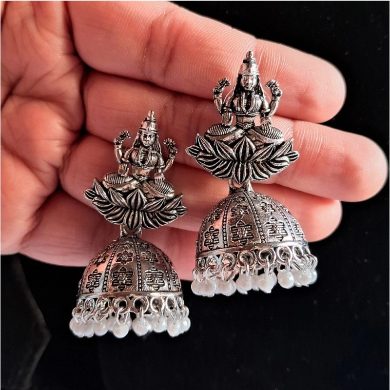 Generic Women's Silver Color Goddess Laxmi Temple Oxidised Earrings 