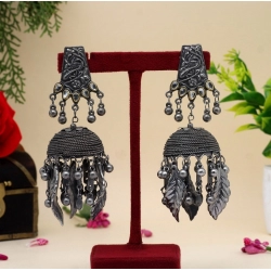 Generic Women's Silver Color Oxidised Big Jhumka Earrings 