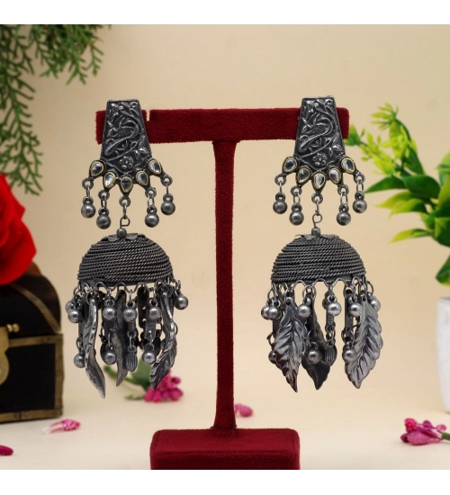 Generic Women's Silver Color Oxidised Big Jhumka Earrings 