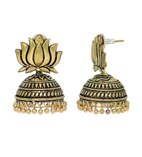 Generic Women's Handmade Gold Plated Lotus Shape Oxidised Jhumki 