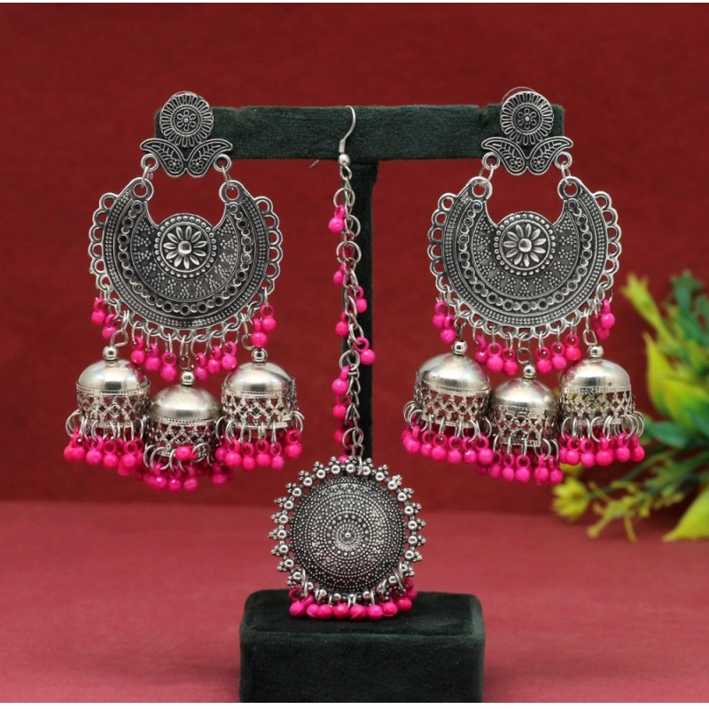 Generic Women's Rani Color Oxidised Earrings Tikka Set Generic Women's Rani Color Oxidised Earrings Tikka Set