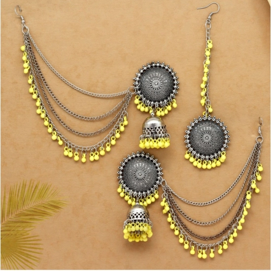Generic Women's Yellow Color Oxidised Earrings Tikka Set 