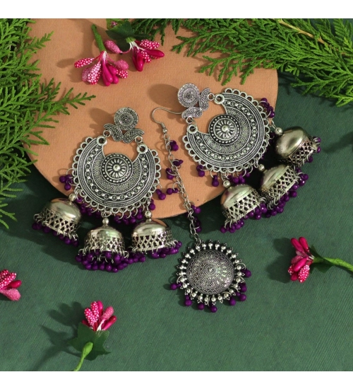 Generic Women's Purple Color Oxidised Earrings Tikka Set 