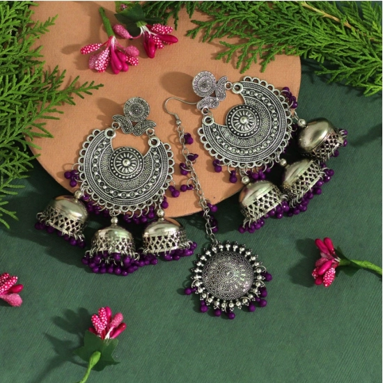 Generic Women's Purple Color Oxidised Earrings Tikka Set 