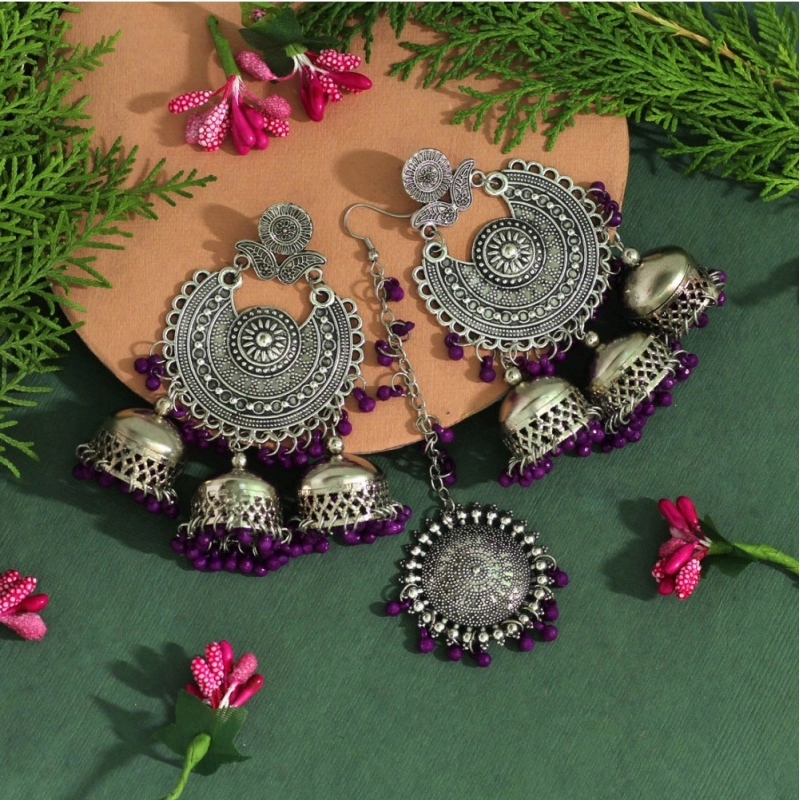 Generic Women's Purple Color Oxidised Earrings Tikka Set 