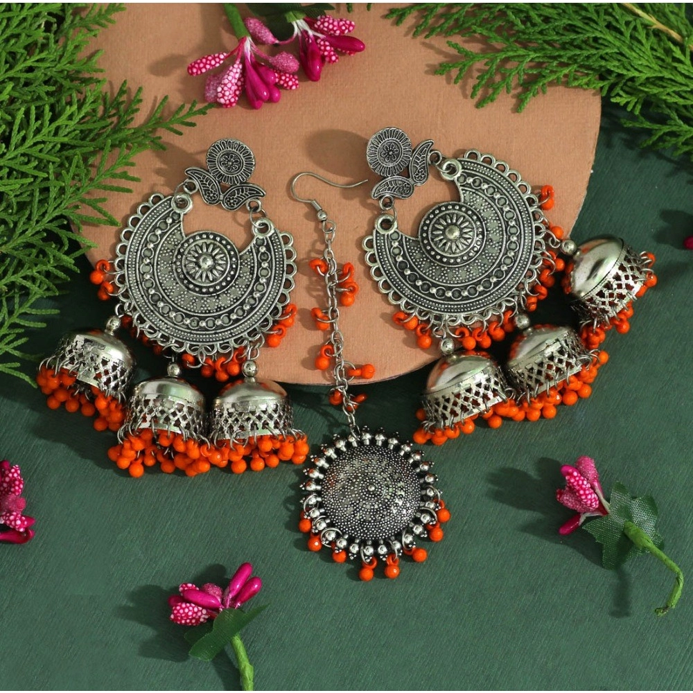 Generic Women's Orange Color Oxidised Earrings Tikka Set 