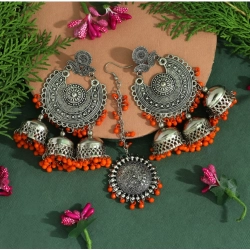 Generic Women's Orange Color Oxidised Earrings Tikka Set 