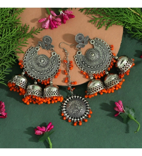 Generic Women's Orange Color Oxidised Earrings Tikka Set 