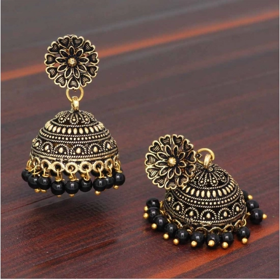 Generic Women's Rajasthani Traditional Wedding Collection Floral Design Gold Oxidised Black Color Jhumki Earrings 