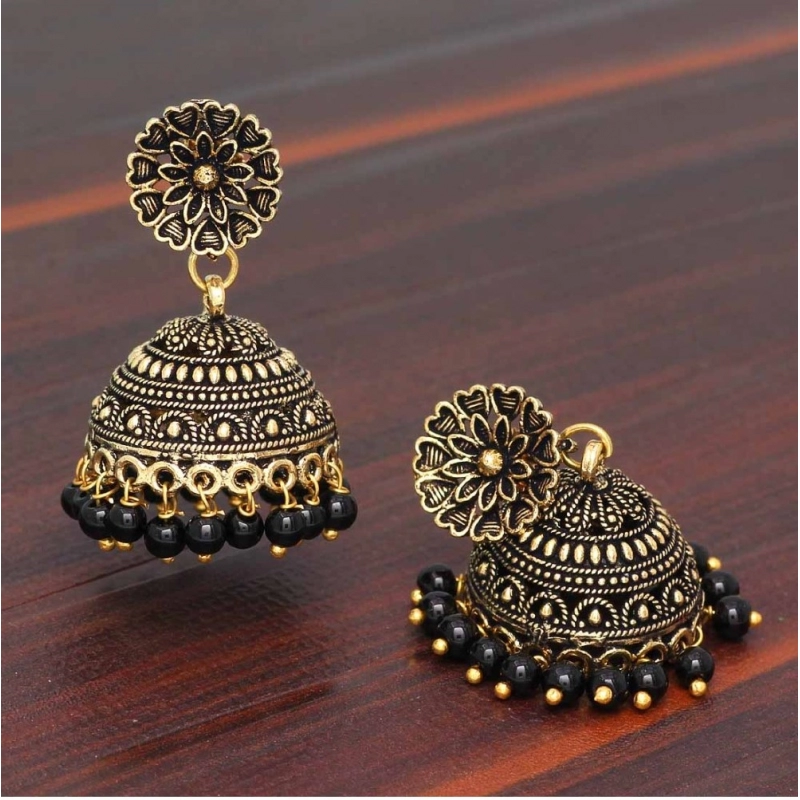 Generic Women's Rajasthani Traditional Wedding Collection Floral Design Gold Oxidised Black Color Jhumki Earrings 